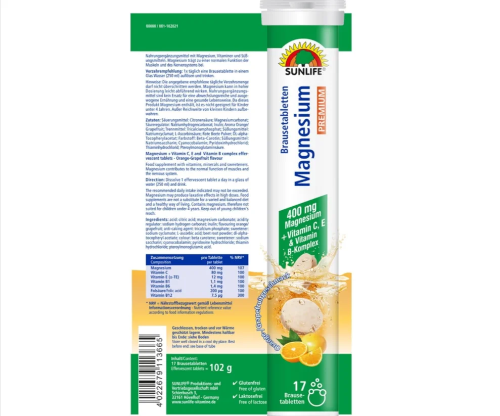 SUNLIFE Magnesium Brausetabletten (400 mg Magnesium + Vitamin C Vitamin E & Vitamin B-Komplex – Hochdosiert)