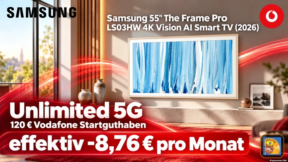 Samsung Tarife: Samsung 55″ The Frame Pro LS03HW 4K Vision AI Smart TV (2026) + 120 € Vodafone Startguthaben + Vodafone Smart M Spezial Unlimited 5G für 44,99 € / Monat + 228,99 € einmalig