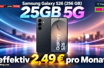 Samsung Galaxy S26 mit 256 GB Speicher und freenet 5G-Logo vor blauem Lichterhintergrund