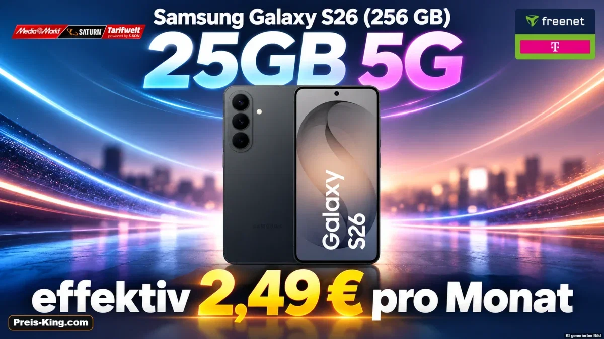 MediaMarkt Tarifwelt: Samsung Galaxy S26 (256 GB) + freenet Telekom Allnet Flat 25GB 5G für 29,99 € / Monat + 74,94 € einmalig
