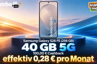 Samsung Galaxy S26 FE auf Podium mit 40 GB 5G, 100 Euro Cashback und klarmobil Logo