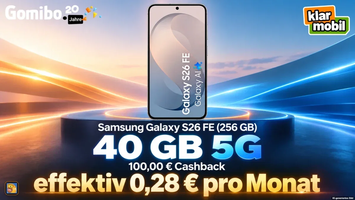 Gomibo: Samsung Galaxy S26 FE (256 GB) + 100,00 € Cashback + klarmobil Telekom Allnet-Flat 40 GB 5G für 29,99 € / Monat + 196,95 € einmalig