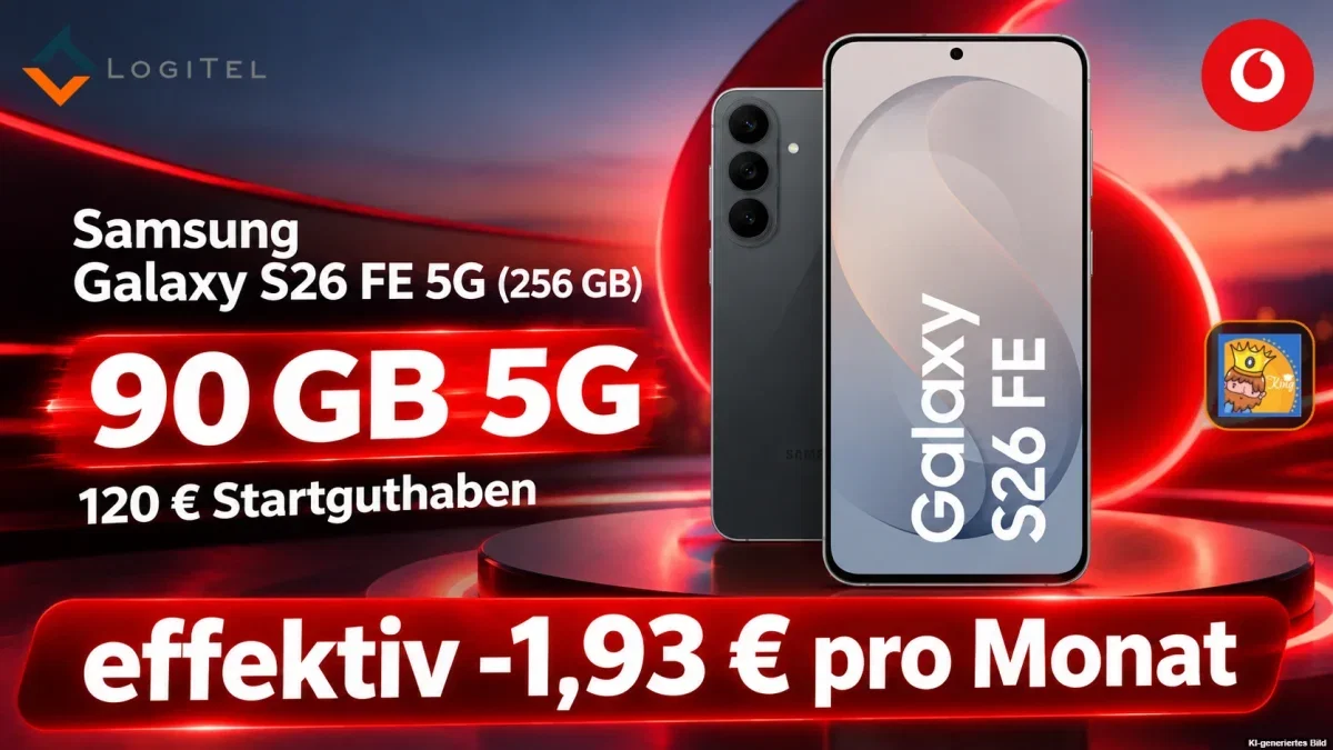 Logitel: Samsung Galaxy S26 FE 5G (256 GB) + 120 € Startguthaben + Vodafone Smart S 90 GB 5G für 29,99 € / Monat + 9,98 € einmalig