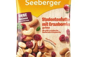 Gelbe Seeberger-Verpackung mit Nüssen und Cranberries, Hinweis ohne Rosinen und 125 g