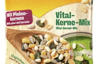 Gelbe Seeberger-Verpackung mit Vital-Kerne-Mix, Pinienkernen und 150 g Angabe