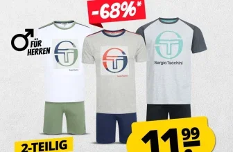 Sergio Tacchini Herren Pyjama-Set in drei Farben mit Rabatt-Aufkleber und Preisangabe