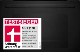 Schwarzer Siemens-Backofen mit Stiftung Warentest Aufkleber Testsieger GUT 1,9