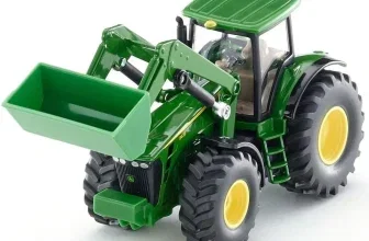 Grüner Siku-Spielzeugtraktor mit Frontlader, Nahaufnahmen von Schaufel, Kabine und Reifen