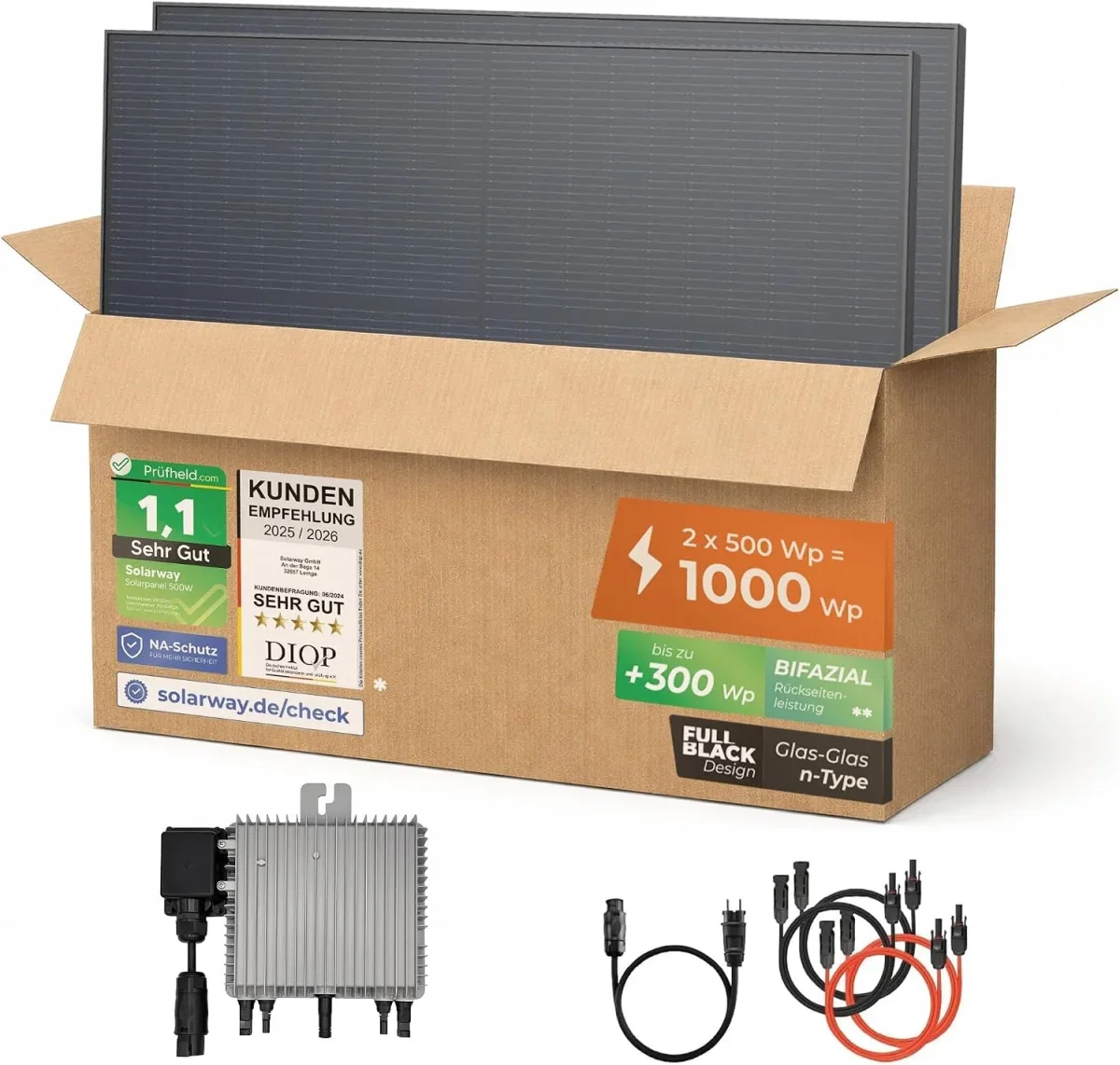 Solarway 1000W Balkonkraftwer Komplettset (1000W500W bifaziale Solarmodule & Deye Wechselrichter & Zubehör)