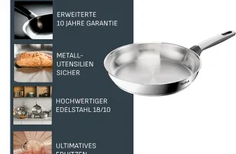 Tefal Emotion+ Bratpfanne aus Edelstahl mit Produktmerkmalen und Detailansichten auf dunklem Hintergrund