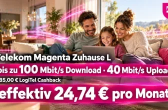 Familie auf dem Sofa mit Laptop, Telekom Magenta Zuhause L Werbung mit Preis 24,74 €