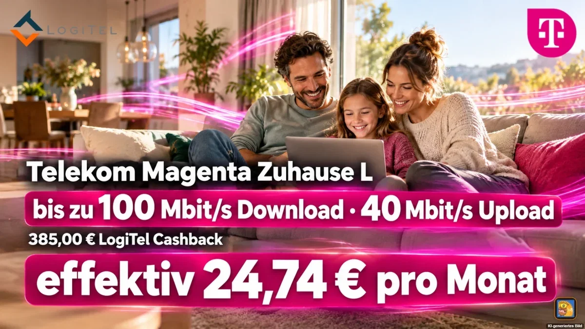 Telekom Magenta Zuhause L: 9,95 € pro Monat in den ersten 3 Monaten, danach 49,95 € pro Monat + 385,00 € LogiTel Cashback + 100,00 € Telekom Online Bonus