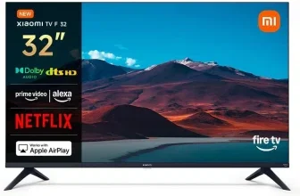 Xiaomi TV F 32 mit Berglandschaft auf dem Display, Logos von Netflix, Amazon und Apple AirPlay