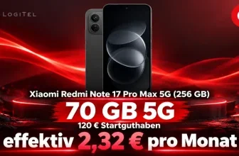 Xiaomi Redmi Note 17 Pro Max 5G mit Logitel-Logo und Vodafone-Symbol auf rotem Hintergrund