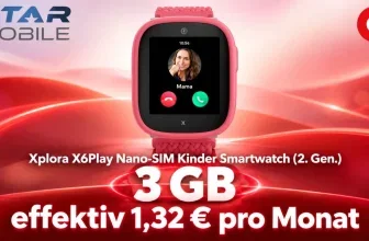 Rote Xplora X6Play Smartwatch mit Anrufanzeige auf rotem Hintergrund mit Star Mobile Logo