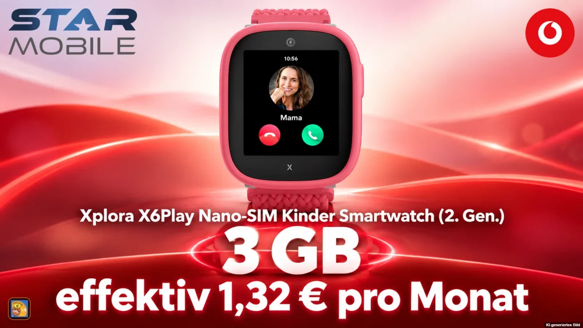 starmobile: Xplora X6Play Nano-SIM Kinder Smartwatch (2. Gen.) + Vodafone Smart Tech M 3 GB für 5,99 € / Monat + 64,90 € einmalig