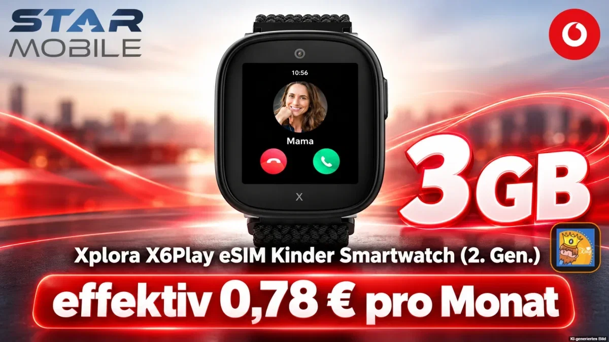 starmobile: Xplora X6Play eSIM Kinder Smartwatch (2. Gen.) + Vodafone Smart Tech M 3 GB für 5,99 € / Monat + 34,90 € einmalig