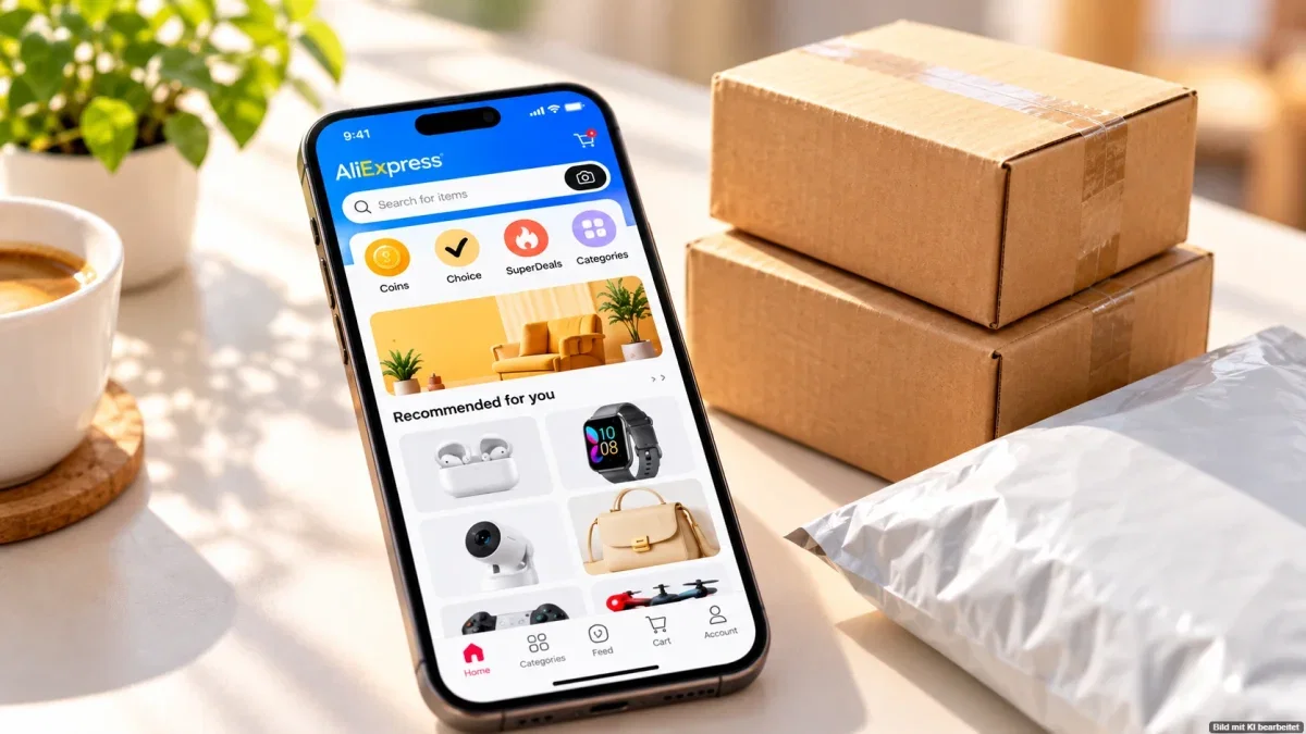 Smartphone mit AliExpress-App und Versandpaketen zum neuen Elite-Treueprogramm