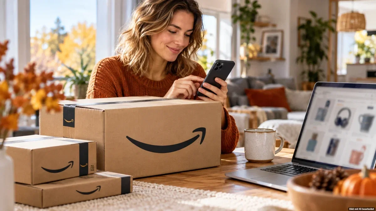 Amazon-Versandpakete neben Laptop und Smartphone als Symbol für den Amazon Black Friday 2026.