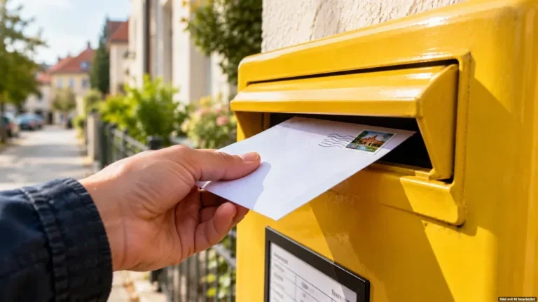 Hand hält einen frankierten Brief vor einen gelben Postbriefkasten – Briefporto 2027 könnte steigen