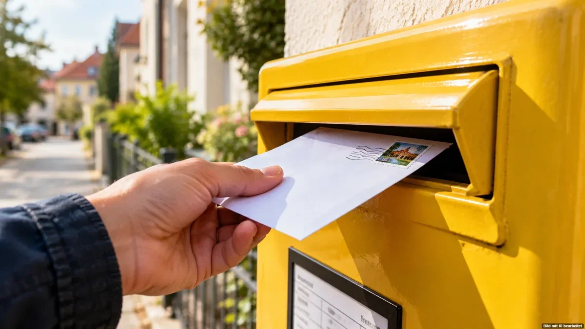 Hand hält einen frankierten Brief vor einen gelben Postbriefkasten – Briefporto 2027 könnte steigen