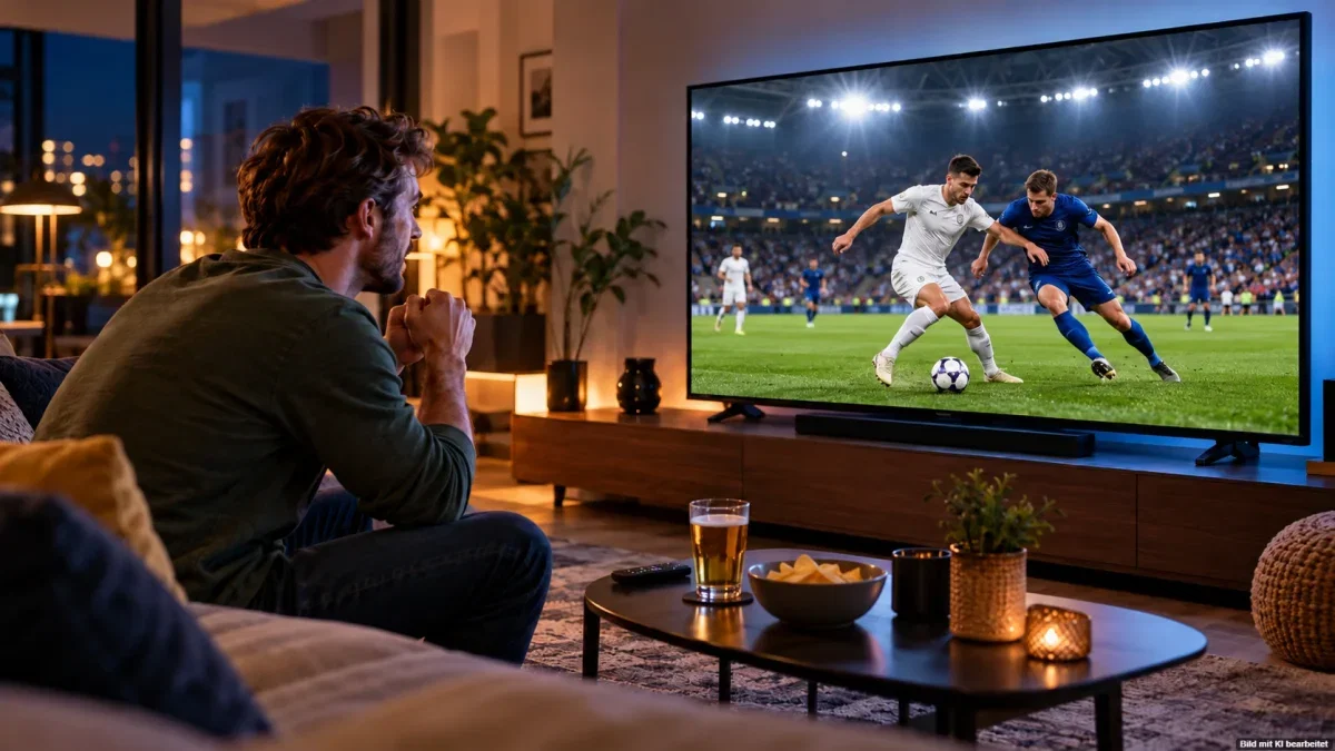 Fußballfan verfolgt ein Champions-League-Spiel auf einem großen Fernseher – DAZN zeigt die Konferenz kostenlos.