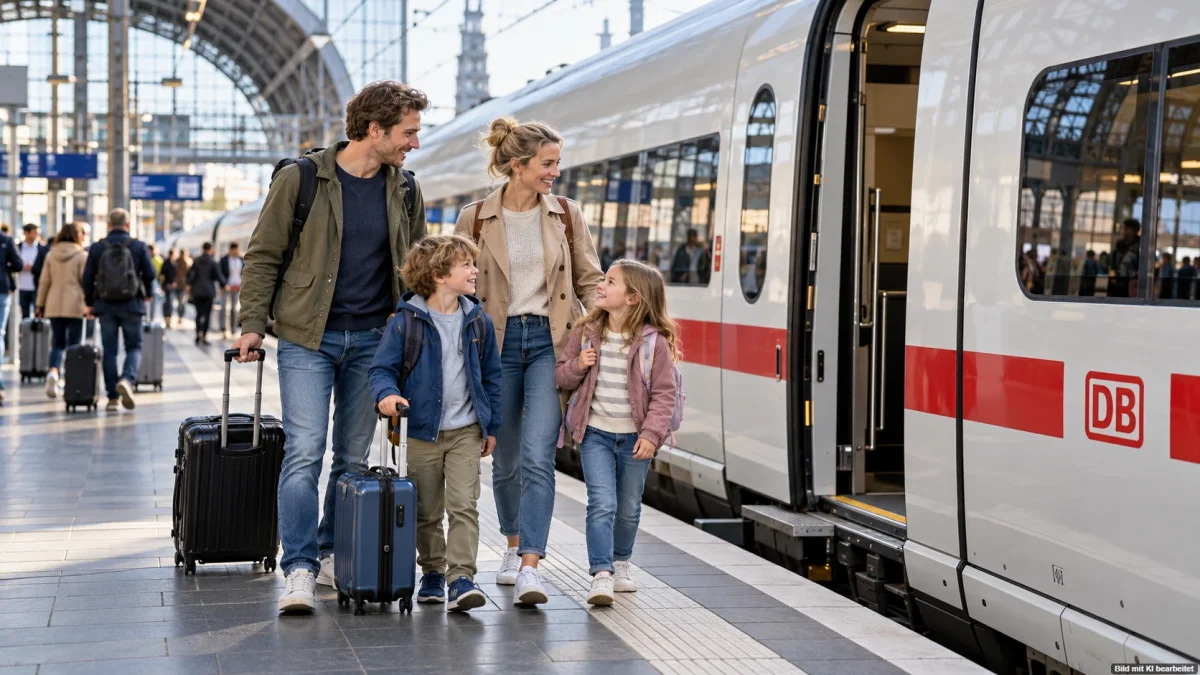 Familie mit Kindern vor einem ICE zum dauerhaften DB Familienticket