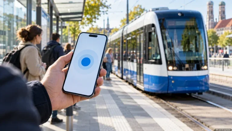 Person hält Smartphone an einer Straßenbahnhaltestelle – Symbolbild für ein geplantes Deutschlandticket für Gelegenheitsfahrer