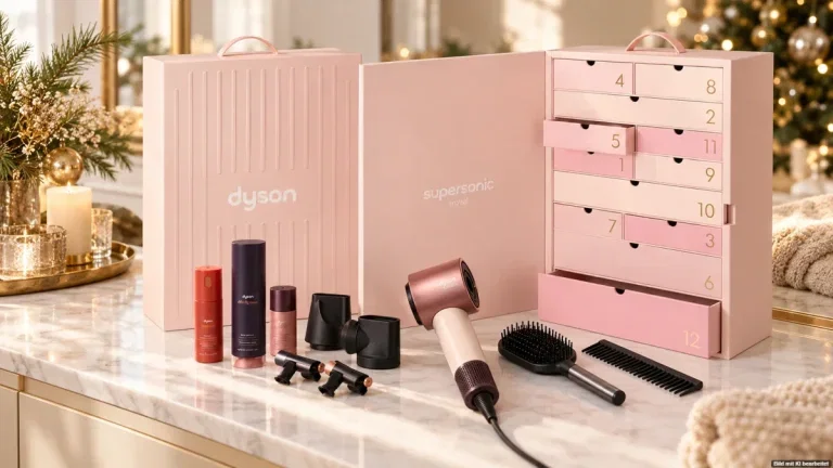 Dyson Adventskalender 2026 in Rosa mit geöffneten Schubladen und Supersonic Travel Haartrockner