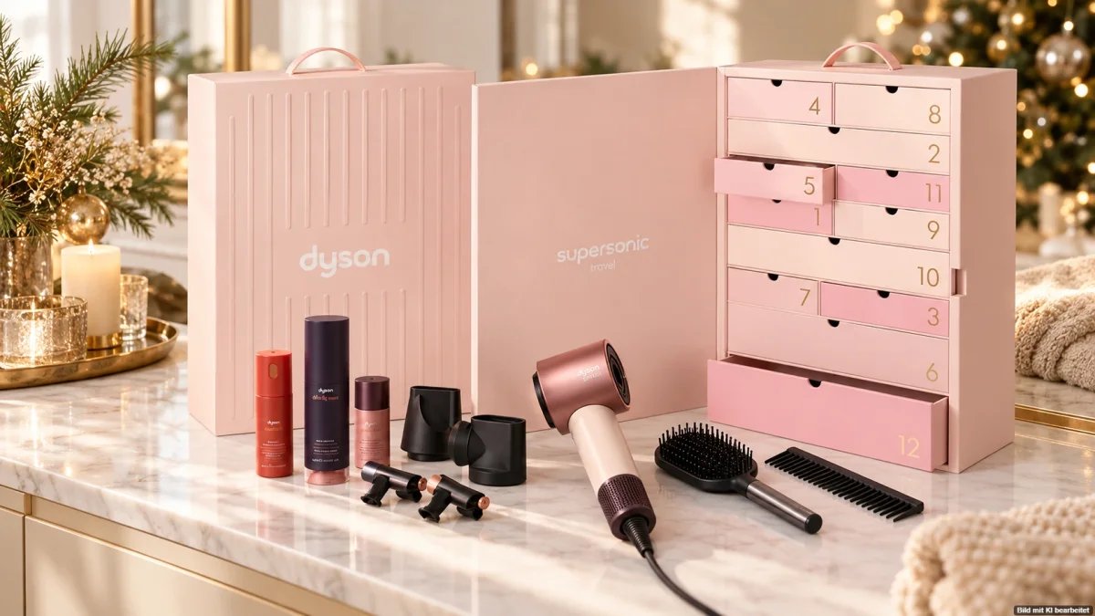 Dyson Adventskalender 2026 in Rosa mit geöffneten Schubladen und Supersonic Travel Haartrockner