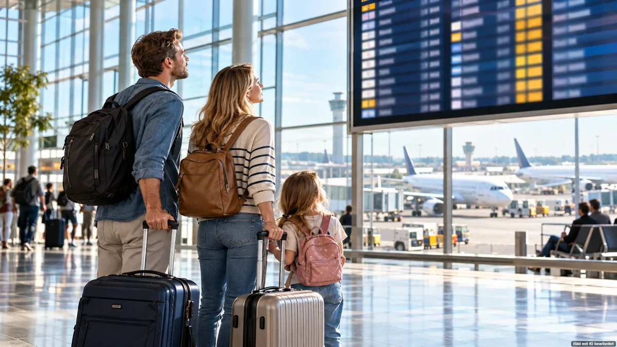 Familie mit Kind und Reisegepäck vor der Abflugtafel eines Flughafens – EU-Fluggastrechte 2027