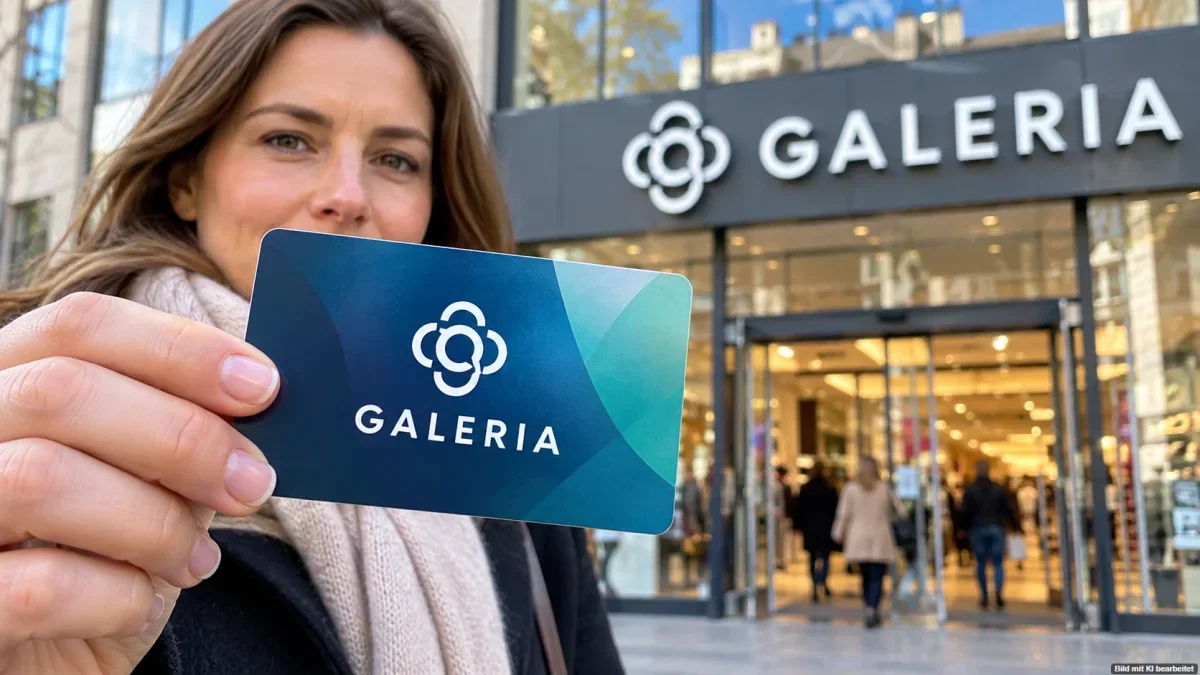 Galeria-Geschenkkarte mit originalem Galeria-Logo vor einer Filiale zur Insolvenz 2026