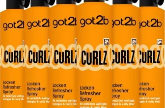 Sechs orange got2b Curlz Locken Refresher Spray Flaschen mit je 200 ml Inhalt und schwarzem Sprühkopf.
