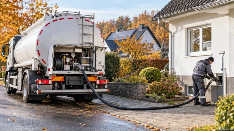 Heizöltankwagen bei der Lieferung an ein Wohnhaus – Heizölpreise sind im September 2026 deutlich gestiegen