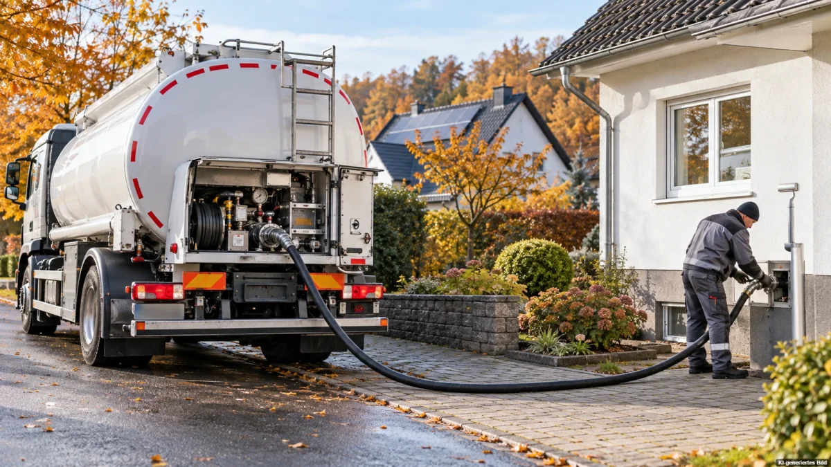 Heizöltankwagen bei der Lieferung an ein Wohnhaus – Heizölpreise sind im September 2026 deutlich gestiegen