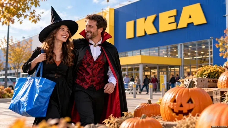 Verkleidete Halloween-Besucher vor einem IKEA-Einrichtungshaus mit Kürbisdekoration
