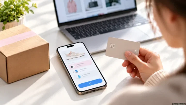 Smartphone und Bankkarte beim Online-Shopping als Symbol für neue Ratenkauf-Regeln bei Klarna und PayPal ab November 2026