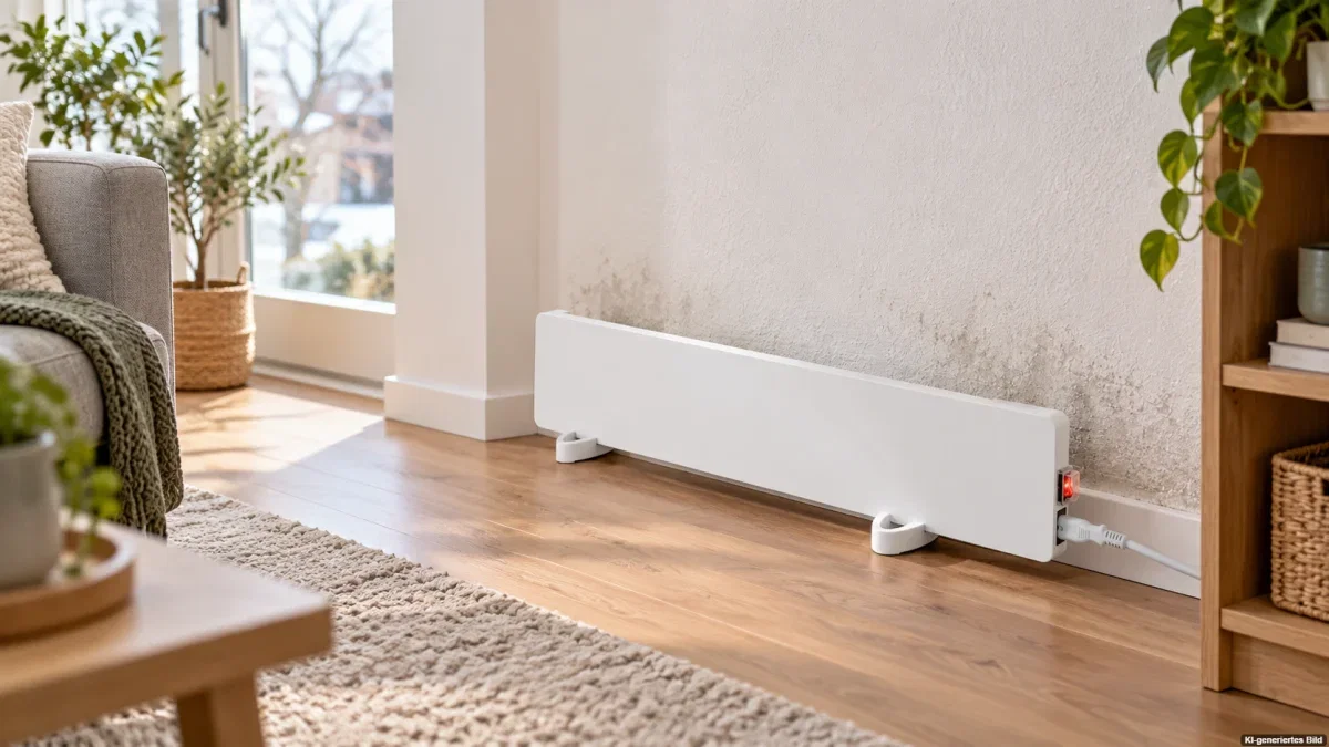Weißer Anti-Schimmel-Wandwärmer an einer kalten Wand in einer Wohnung
