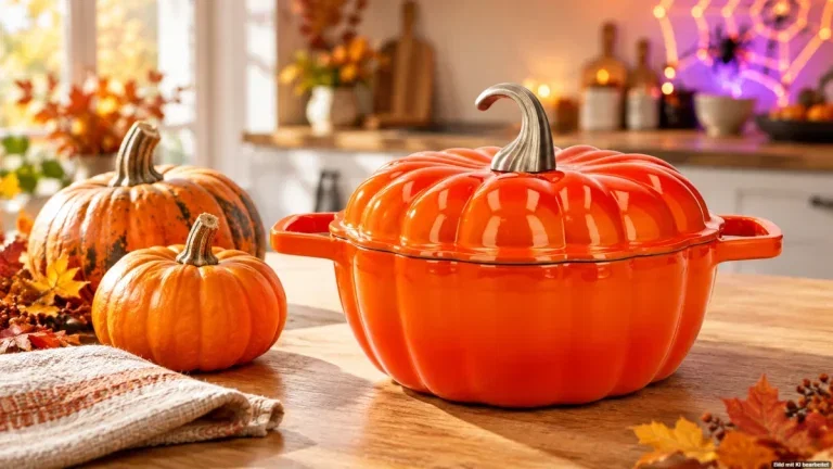 Orangefarbener Kürbis-Gusseisentopf zur Lidl-Halloween-Aktion 2026 auf einem herbstlich dekorierten Tisch