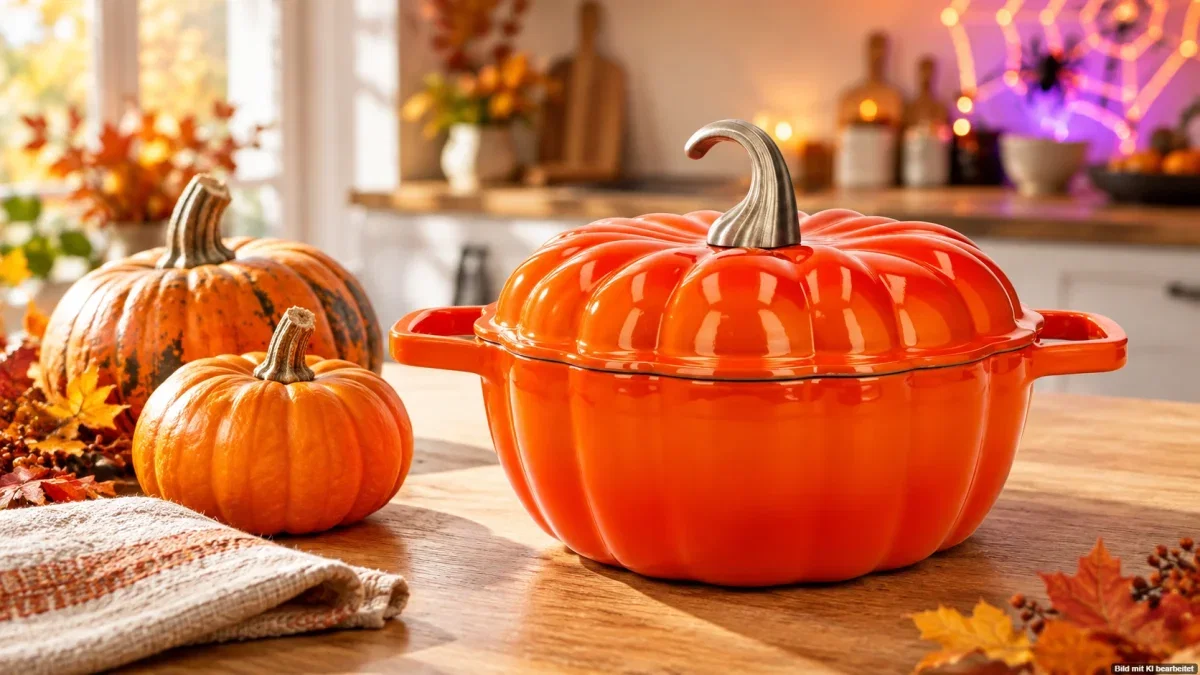 Orangefarbener Kürbis-Gusseisentopf zur Lidl-Halloween-Aktion 2026 auf einem herbstlich dekorierten Tisch