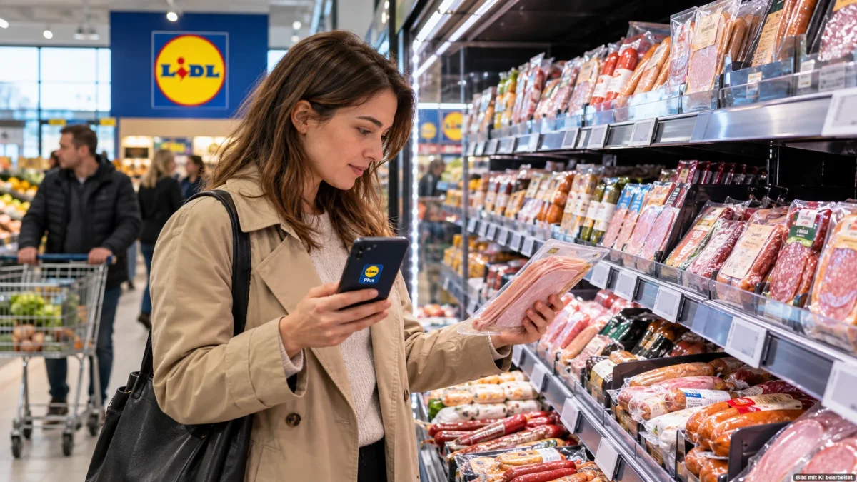 Kunde vor einem Lidl-Kühlregal mit Wurst- und Schinkenprodukten und Lidl Plus auf dem Smartphone