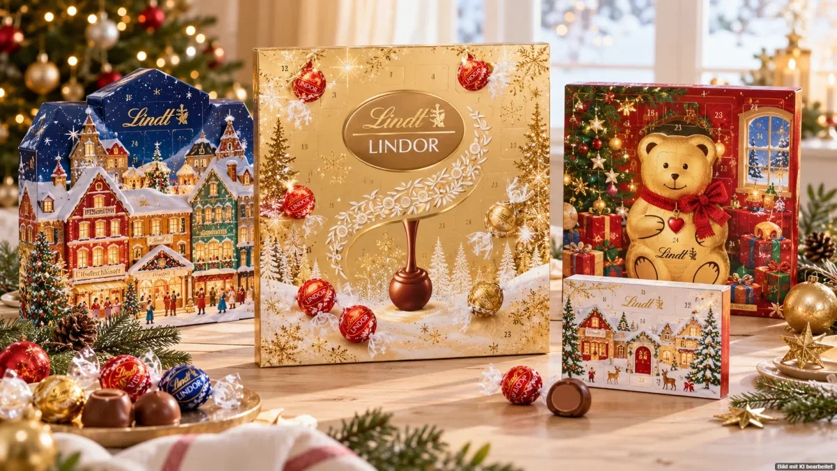 Verschiedene Lindt Adventskalender 2026 mit LINDOR, TEDDY und Winterhäuser Edition auf einem weihnachtlich dekorierten Tisch