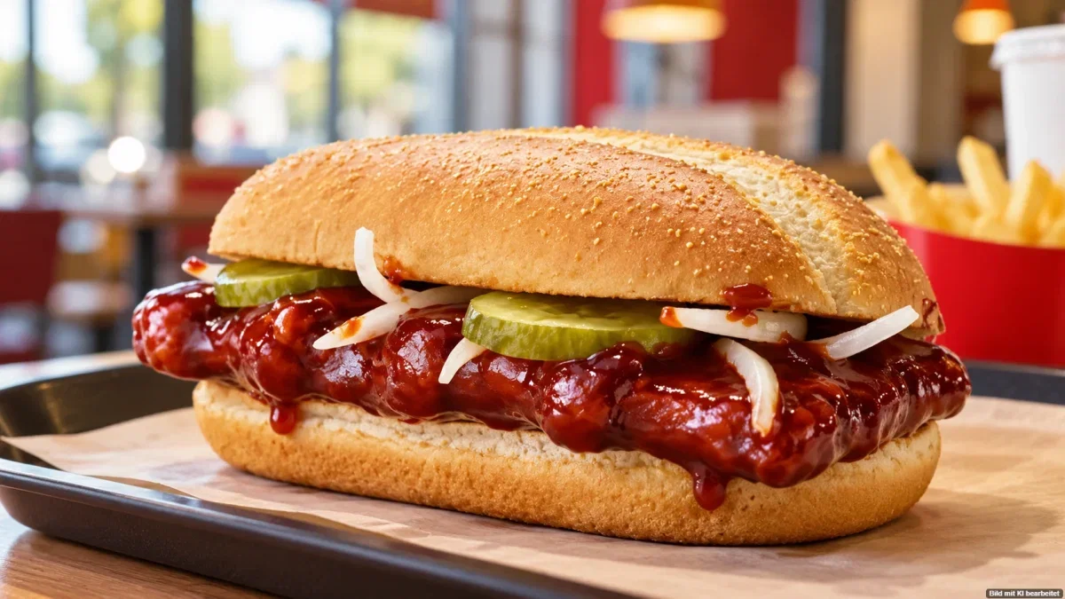 McDonald’s McRib Burger mit BBQ-Sauce, Gurken und Zwiebeln auf einem Tablett