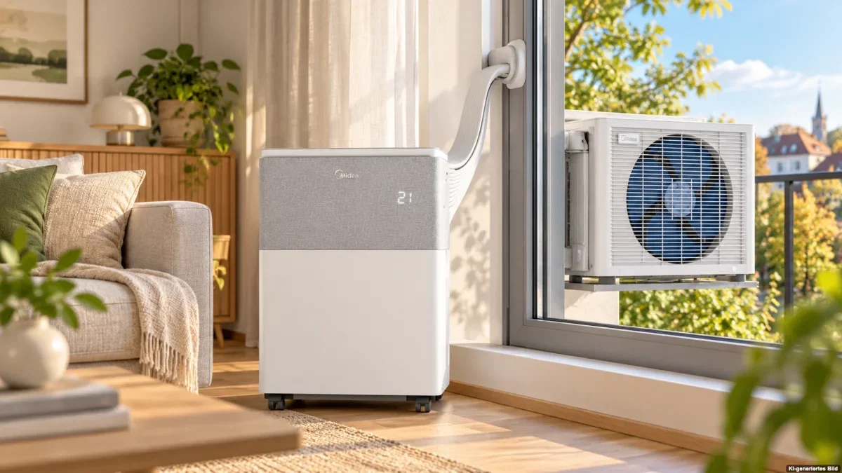 Midea PortaSplit Cool mit Innen- und Außeneinheit an einem Fenster