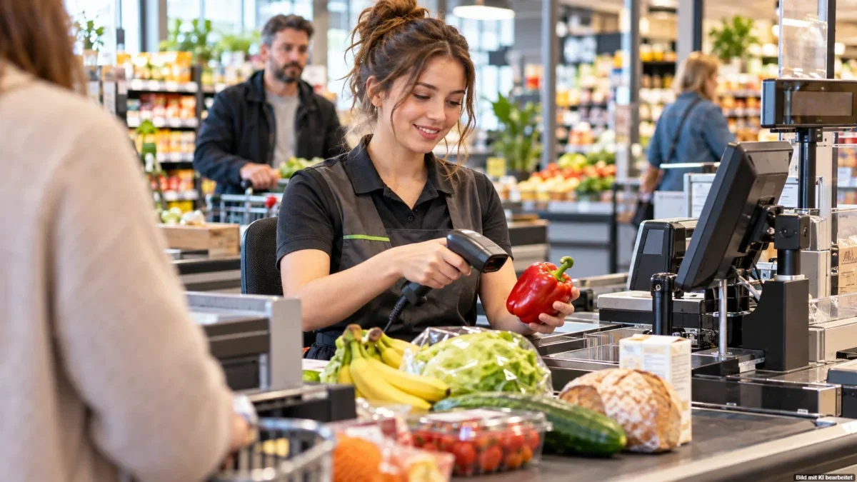 Junge Aushilfe arbeitet an einer Supermarktkasse – Minijob-Grenze steigt 2027
