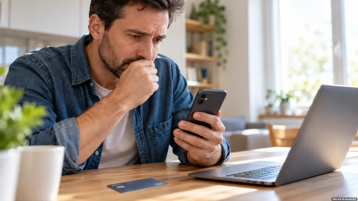 Person überprüft ihr Online-Banking auf dem Smartphone nach einem möglichen Phishing-Betrug