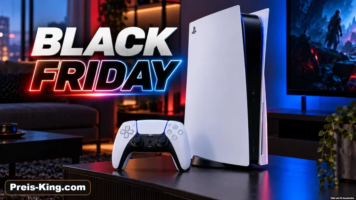 Weiße PlayStation 5 Slim mit DualSense-Controller in einem modernen Gaming-Wohnzimmer