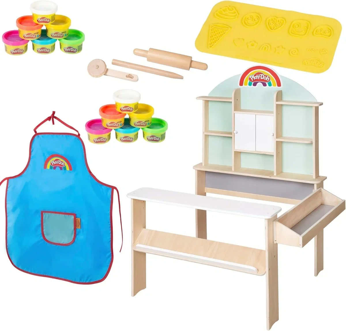 roba x Play-Doh Spielset mit zwölf Knetdosen, drei Holzwerkzeugen und 3D-Kreativmatte