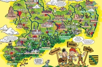 MOSAIK Sachsenkarte mit bunten Illustrationen der Regionen Sachsens