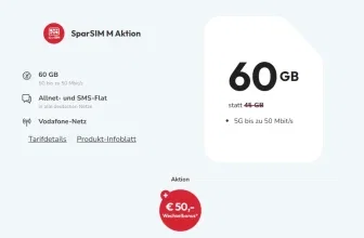 sparSIM Vodafone Allnet-Flat mit 60 GB 5G und 50 Euro Wechselbonus